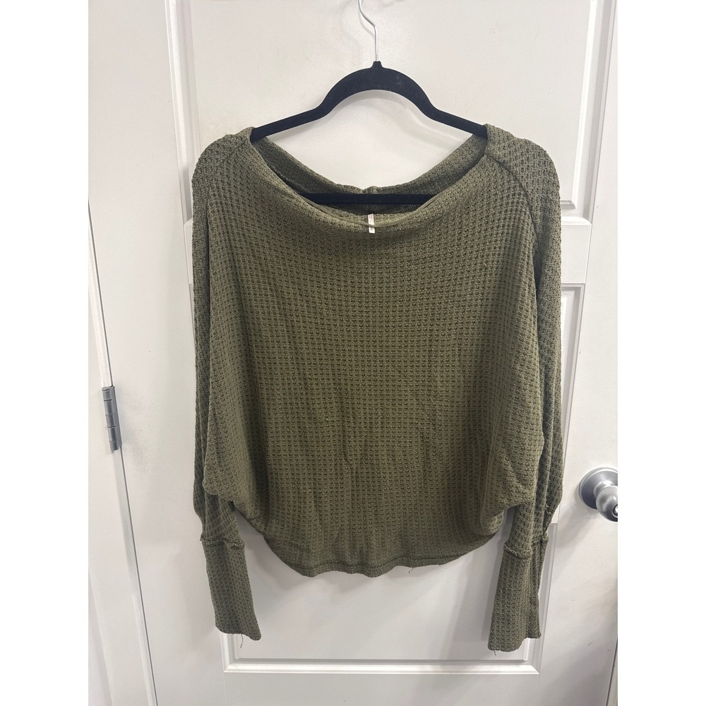 Free People South Side Thermal Olive Green Waffle Knit Batwing Top Medium